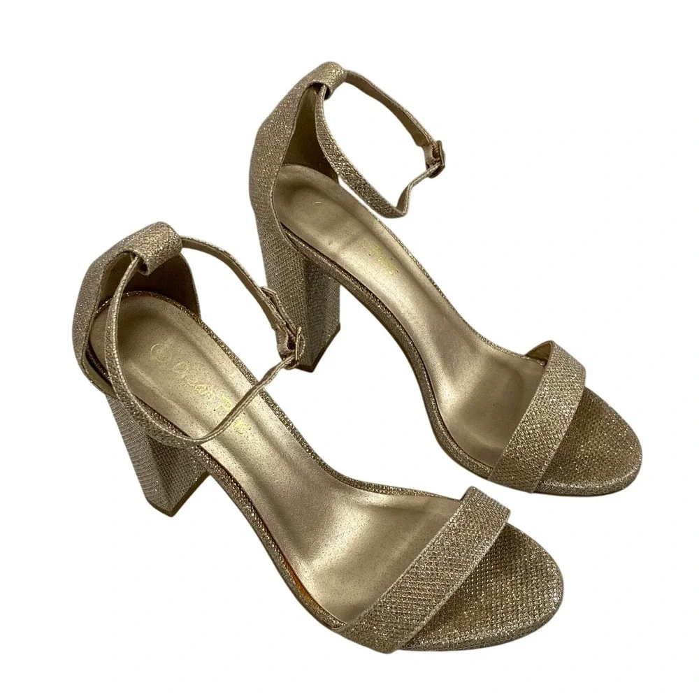 Womens Gold Glitter Ankle Strap Block Heels Size 8 Open Toe Sandals Party Shoes
